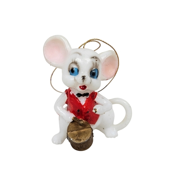 Vintage 60s White Mice Playing Instruments Set of 2 Christmas Ornaments J62 - Picture 3 of 8